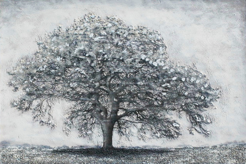 HA124 Wall décor art oil on canvas nature cherry blossom tree grey tones